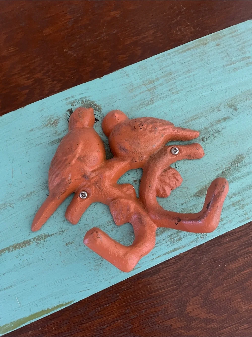 Rustic Minty color Wall Hook wood Panel with Orange Bird Hooks